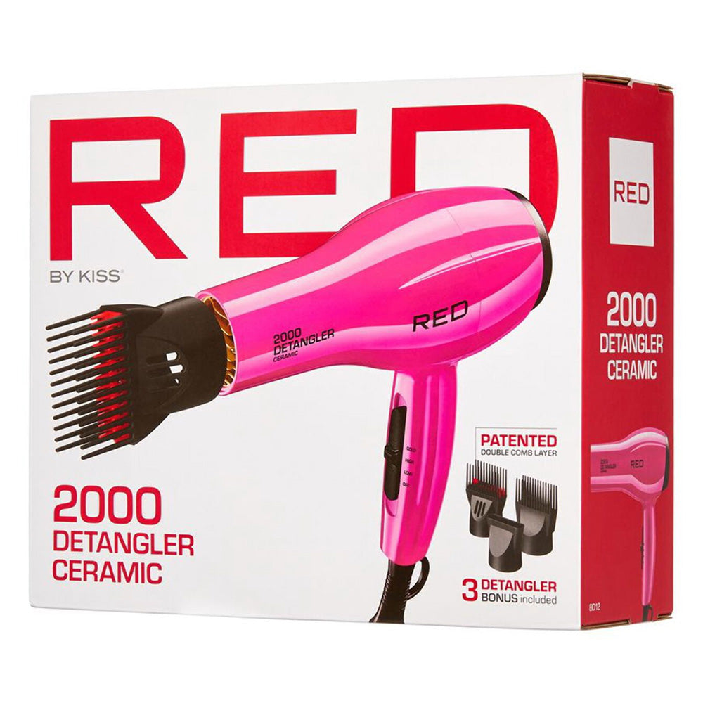 Kiss Red 2000W Detangler Hair Dryer Ceramic Pink with 3 Attachments Fast Drying and Frizz Control 1Ea
